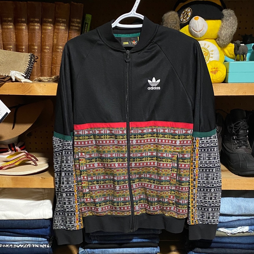 Adidas Men's Black and Multicolor Zip-Up Sweater